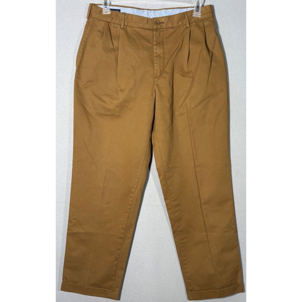 Lands' End Pants Mens 33x30 Dark Khaki Chino Pleated Front Straight Leg Cuffed